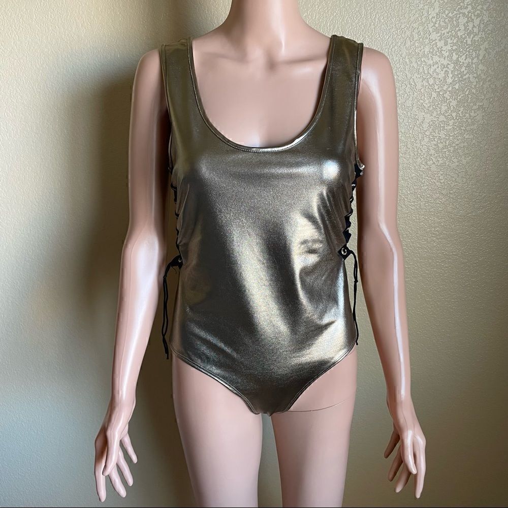 Jella C Gold Metallic One Piece Bathing Suit Bodysuit Side Corset Size Large